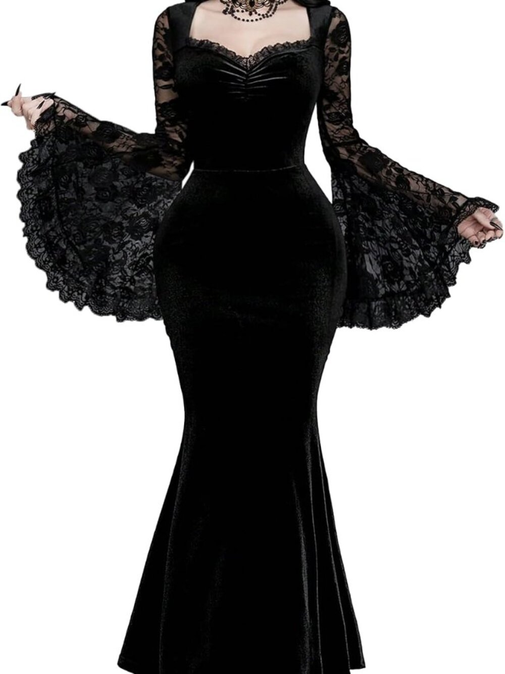 Gothic Black Velvet Fishtail Gown Lace Bell Sleeve Long Mermaid Witchy Dress